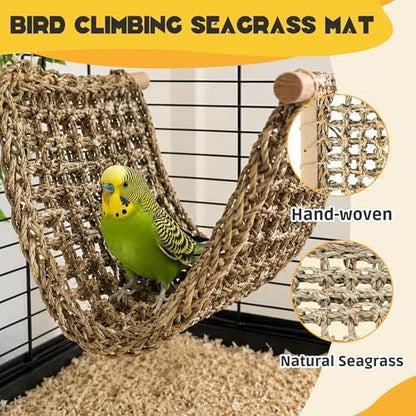 FlidRunest Extra-Large 21.6x7.8IN Conure Ladder Perch for Cage, Bird Seagrass Ladder Bridge Exercise Stands, Natural Hand-Woven Parrot Net Climbing Chewing Hammock, Cage Accessories for Conure Budgie