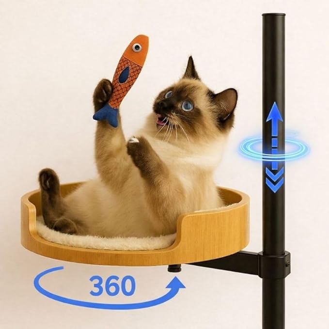 Cat Desk Bed with Fish Toy, Cat Bed for Desk, 360° Rotating & Height Adjustable Cats Hammock, Raised Cats Beds Hammock, Pet Office Chair Attachment