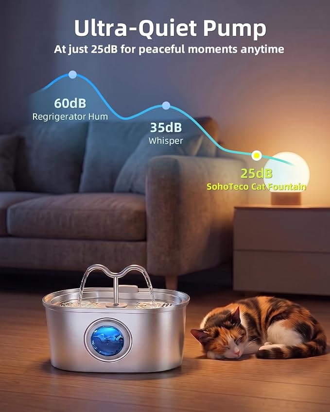 3.2L/108oz Stainless Steel Cat Water Fountain Pet Fountain | Automatic Pet Water Dispenser - Self-Designed Filtration System - Ultra-Quiet Pump - Easy Cleaning & Maintenance