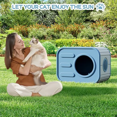 NUNU LAB Cat Litter Box Enclosure, Plastic Cat House Outdoor, Cats House for Indoor, Weatherproof Cat House, Camera Shaped Design, with Escape Door, for Small to Medium Cats (Blue)