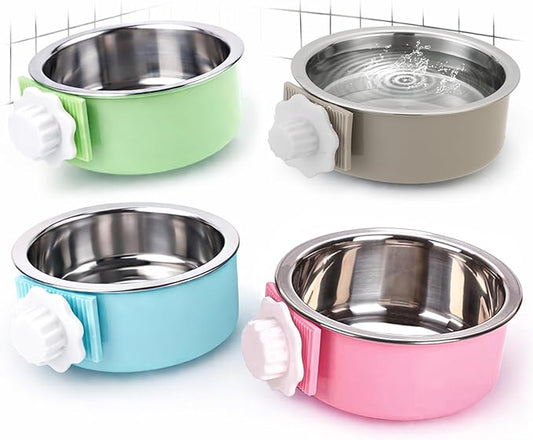 Mechpia 4 Pieces Crate Dog Bowl, Removable Stainless Steel Pet Kennel Hanging Food Water Feeder Bowl Cage Coop Cup for Puppy Medium Dog Cat Rabbit Ferret Bird