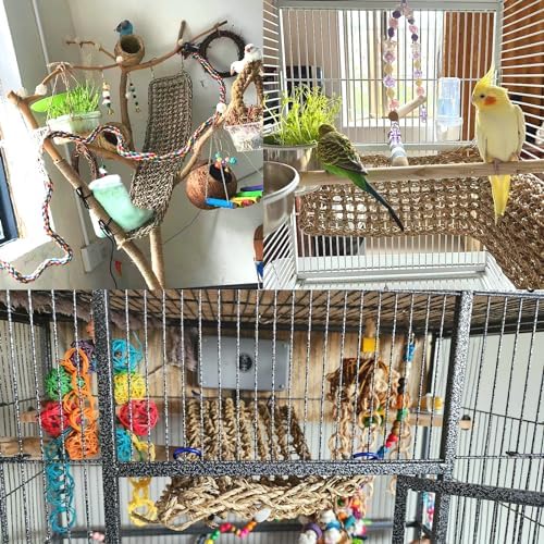 2Pcs Bird Seagrass Mat 20.5×8'' Natural Grass Woven Net Hammock Hanging on Cage Parakeet Climbing Rope Ladder Chew Toys for Lovebird Cockatiel Conure Budgie Cockatoo