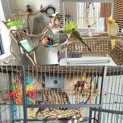 2Pcs Bird Seagrass Mat 20.5×8'' Natural Grass Woven Net Hammock Hanging on Cage Parakeet Climbing Rope Ladder Chew Toys for Lovebird Cockatiel Conure Budgie Cockatoo