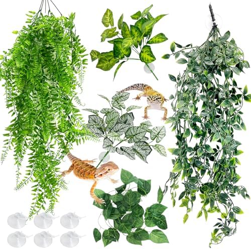 Hamiledyi Reptile Plants for Terrarium Hanging Fake Leaves with Suction Cup