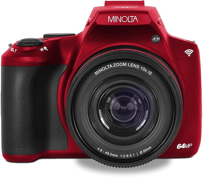 Minolta ProShot 64MP Digital Camera – 10x Optical Zoom, 4K Ultra HD Video, Macro Shooting, Anti-Shake, 3-inch LCD Screen, Face Detection – Includes 32GB SD Card, Battery & Case (Red)