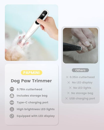 PAPMINI Dog Grooming Kit with LED Display, 35dB Ultra-Low Noise Dog Paw Trimmer, Cordless Hair Trimmer for Paws, Ears, Face, Rump with LED Light