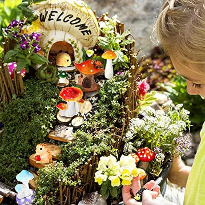 Woanger 30 Pcs Fairy Garden Accessories Hedgehog Mushroom Figurines, Vivid