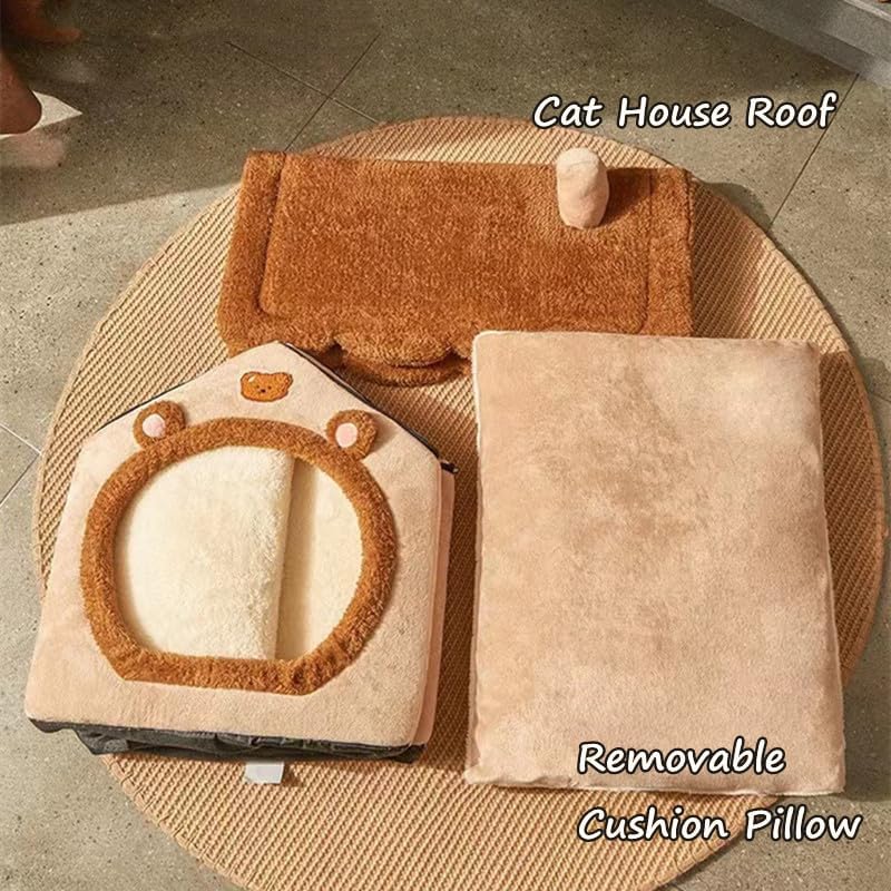 Cat Beds for Indoor Cats, Cute Bear Shape Cat Bed Cave, Brown