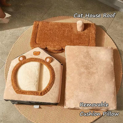 Cat Beds for Indoor Cats, Cute Bear Shape Cat Bed Cave, Brown