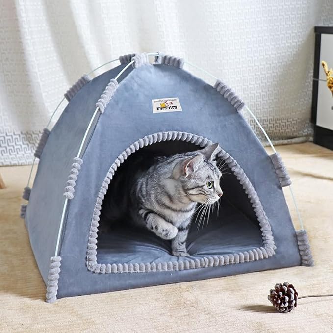 Indoor Outdoor Pet Tent Cat Cave House Portable Easy Assembly Cat Bed Cave with Warm & Cozy Pad Lightweight Durable Washable Shelter for Cats Small Dogs Puppies and Other Small Animals-Dark Gray