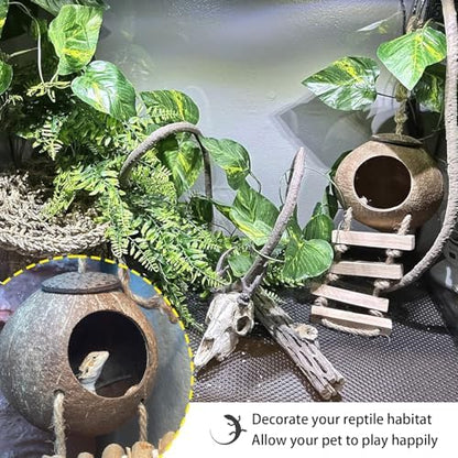 Crested Gecko Tank Accessories,Gecko Coconut Hut Hideout with Ladder Reptile Hammock Lizards Hanging Plants Flexible Climbing Jungle Vine Leaves Terrarium Decor