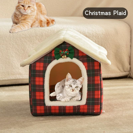 Cat Beds for Indoor Cats, Cute Christmas Plaid Cat Bed Cave