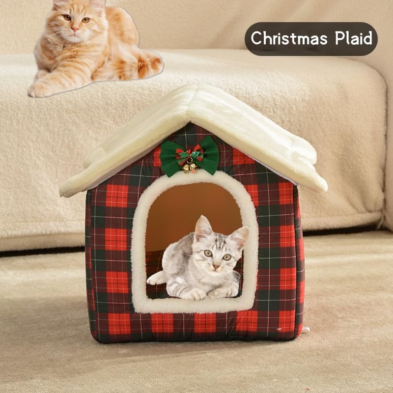 Cat Beds for Indoor Cats, Cute Christmas Plaid Cat Bed Cave