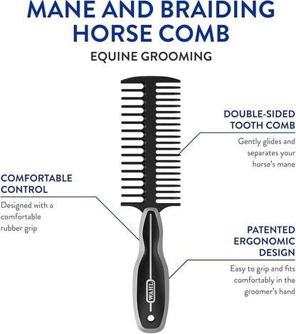 WAHL Professional Animal Mane & Tail Brush - Ergonomic Black Braiding Comb (#858708) for Equine Grooming
