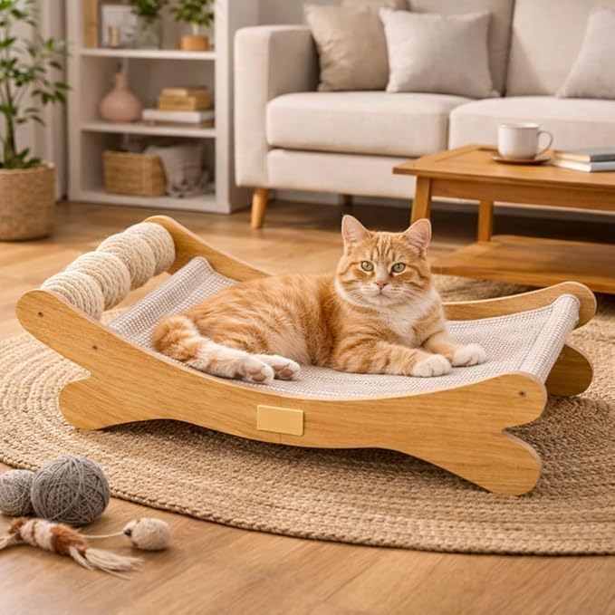 Cat Scratcher Bed Bone Shape Wooden Cat Sofa Bed with Ball Toy Indoor Cat Scratching Lounge Bed Durable Pet Recliner for Cats