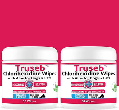Pet Health Pharma Truseb Topical for Dogs, Cats and Horses - with Aloe for Cleansing (Ketoconazole & Chlorhexidine Wipes, 100 Count)