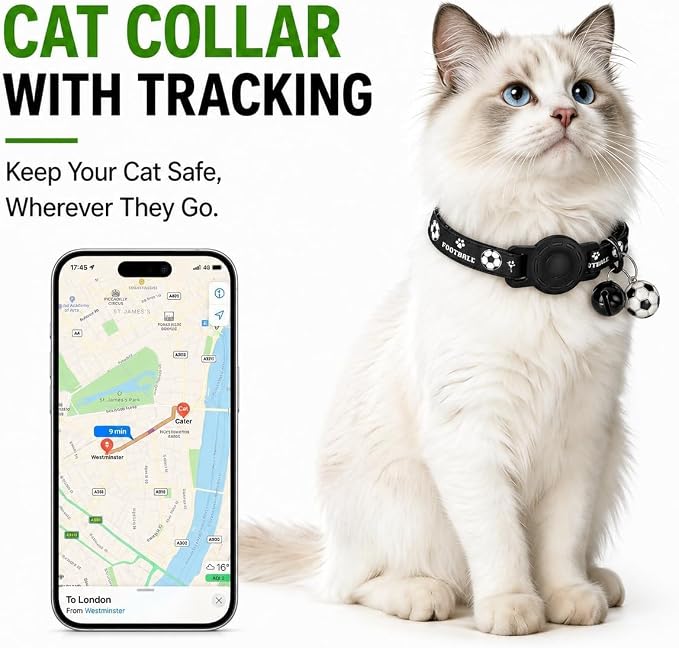 GPS Collar for Cats (Android Only) Pet Tracker, Soccer Style Smart Tag Compatible with Google Find My, Waterproof No Monthly Fee Cat Tracking Collar, Game Day Football Design for Pet Safety