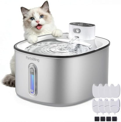 PartsBling Stainless Steel Cat Water Fountain, 4.2L/142 oz | Cordless Pet Water Fountain with Sensor, 5000mAh Rechargeable Battery, Ultra Quiet, 4 Filters, for Cats & Small Dogs, White