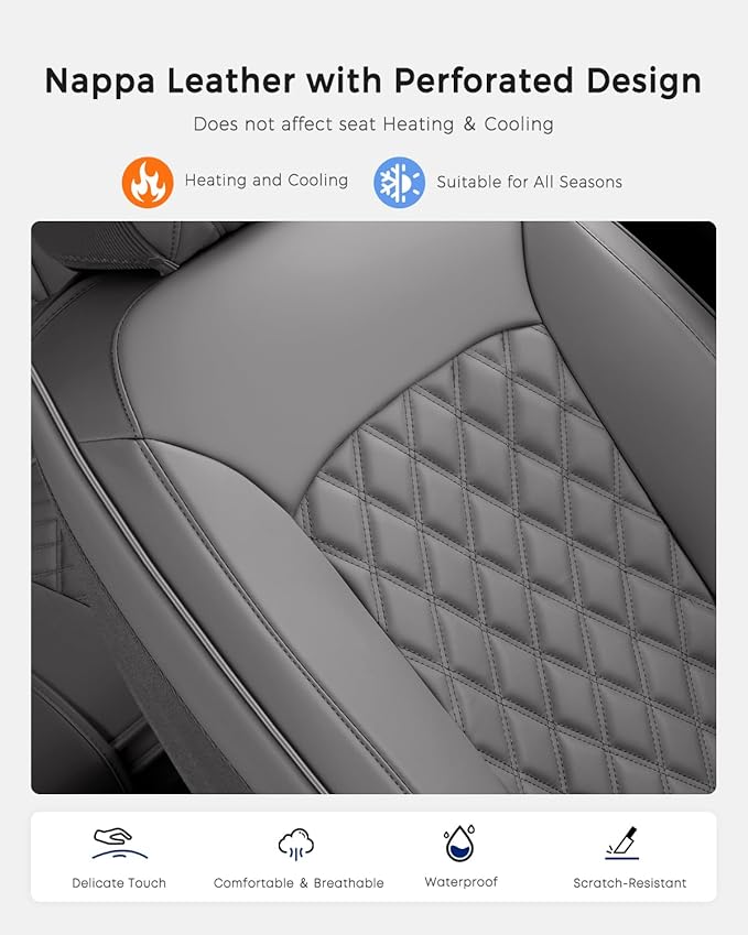 Huidasource Gray Front Seat Covers, Car Seat Covers Front Seats Nappa Leather, Side Elastic Fabric, Compatible with Airbags, Seat Belts, Universal Fit for Most Cars Vans Trucks SUVs (Front Pair/Gray)