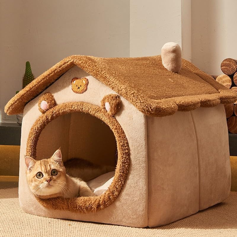 Cat Beds for Indoor Cats, Cute Bear Shape Cat Bed Cave, Brown
