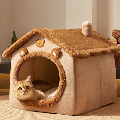 Cat Beds for Indoor Cats, Cute Bear Shape Cat Bed Cave, Brown