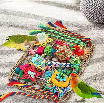 Foraging Toys for Parakeets Cockatiel Conures Lovebirds - Seagrass Wall with Various Bird Toys