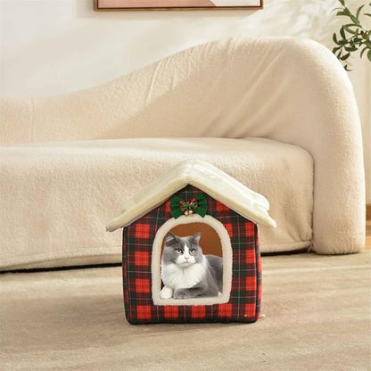 Christmas Cat Bed for Indoor Cats Plaid Xmas Cat Tent Cats Bed Cave for Pets Kittens and Dogs (Christmas Plaid, M(18.1 X 14.6 X 15.7 Inch))