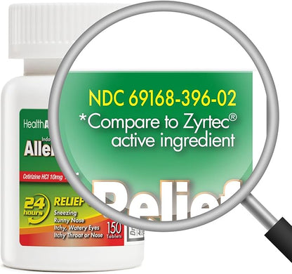 HealthA2Z® Allergy Relief | Cetirizine 10mg | All Day Allergy Relief | Indoor & Outdoor | Relief from Itchy Throat, Sneezing, Runny Noses (150 Count (Pack of 1))