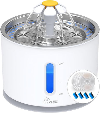 Wonder Creature Cat Water Fountain Stainless Steel Lid with 4 Filters, 81oz | 2.4L Pet Fountain with 4 Filters, 4 Sponges, Quiet Pump, Water Level Window, Stainless Steel Lid for Cats and Dogs