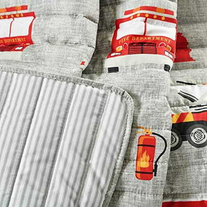 Lush Decor Fire Truck Throw Blanket, Red & Gray, 50" W x 60" L - Toddler Blanket - Reversible Stripe Print Quilted Throw for Kids Room