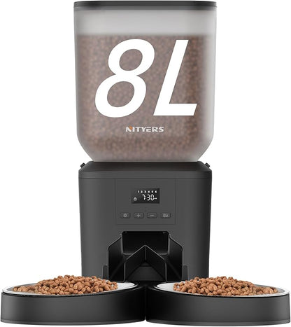 Automatic Cat Feeder for 2 Cats - 8L/34 Cups Large Capacity Auto Cat Food Dispenser with LCD Screen, 2 Food Trays, Timed Feeder, Up to 50 Portions 6 Meals Per Day, Keep Fresh