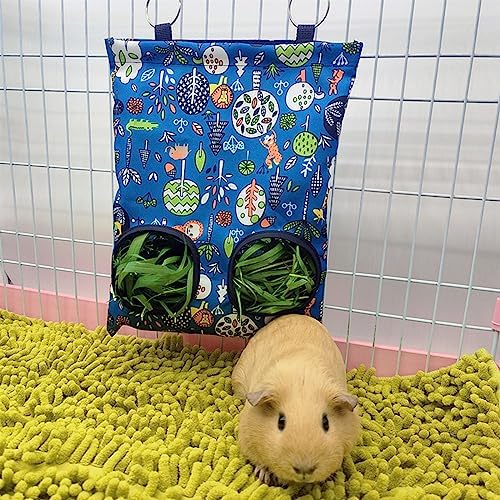 Rabbit Hay Feeder Bag, Guinea Pig Hay Feeder for Cage Small Animal Hanging Feeding Bags Rabbit Hay Dispenser Storage for Rabbits Guinea Pigs Bunnies Chinchillas (Red,Dark Blue, 2 Hole)