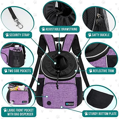 PetAmi Adjustable Cat & Dog Chest Carrier Backpack, Ventilated for Hiking & Camping, Max 10 lbs, Purple