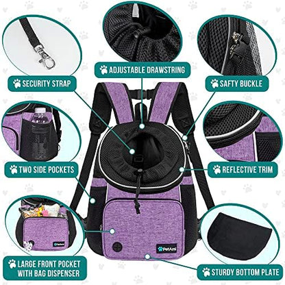 PetAmi Adjustable Cat & Dog Chest Carrier Backpack, Ventilated for Hiking & Camping, Max 10 lbs, Purple