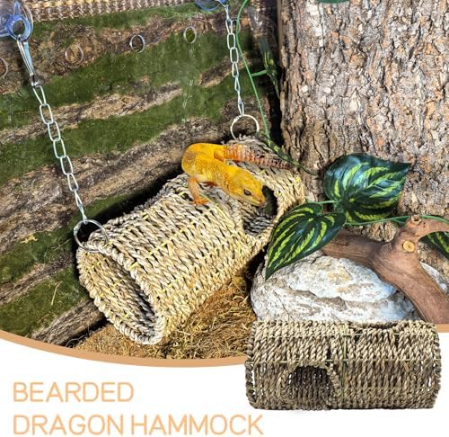 Hanging Reptile Hide Cave,Natural Seagrass Fiber Bearded Dragon Hammock Hideout,Reptile Shelter Sleeping Cave Swing Climbing Toys Terrarium Decor for Lizard Gecko Snake Hermit Crabs(Round)
