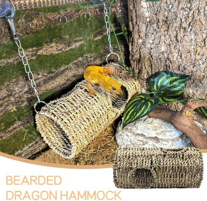 Hanging Reptile Hide Cave,Natural Seagrass Fiber Bearded Dragon Hammock Hideout,Reptile Shelter Sleeping Cave Swing Climbing Toys Terrarium Decor for Lizard Gecko Snake Hermit Crabs(Round)