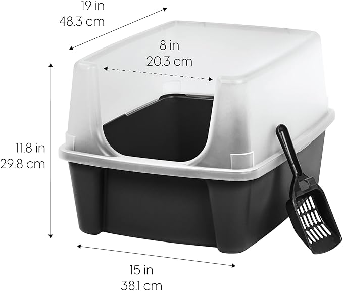 IRIS USA Open Top Cat Litter Box with Scoop and Scatter Shield, Black + 44oz / 1.3L Cat Water Fountain Bundle, Two Flow Options Silent Replaceable Charcoal Filter, White/Blue