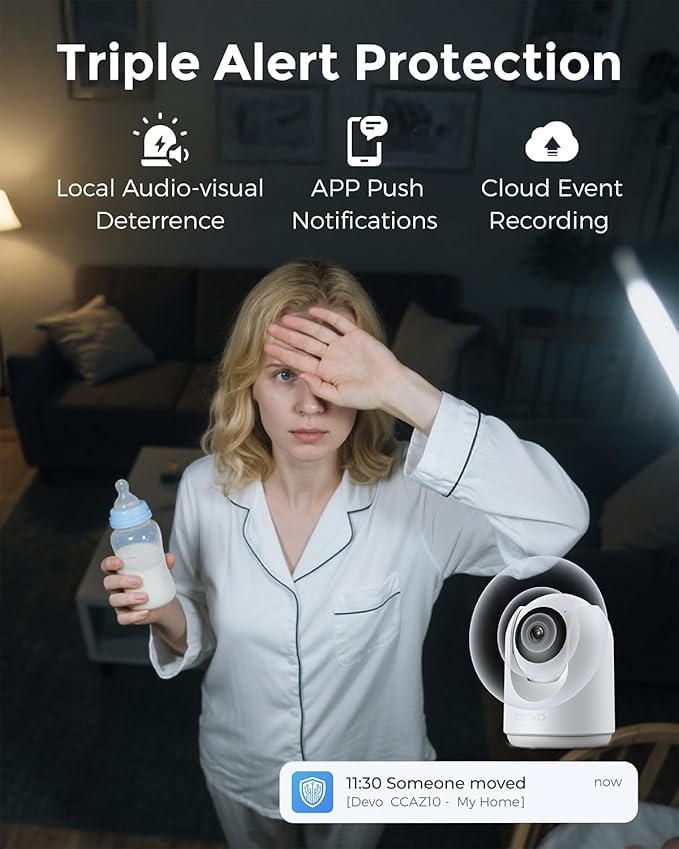 Devo Indoor Security Camera for Home, 2K 360 Pan-Tilt Pet Dog Baby Monitor Camera with Phone App, WiFi Smart Camera Motion Detection, Color Night Vision, 2-Way Audio, 256GB SD White