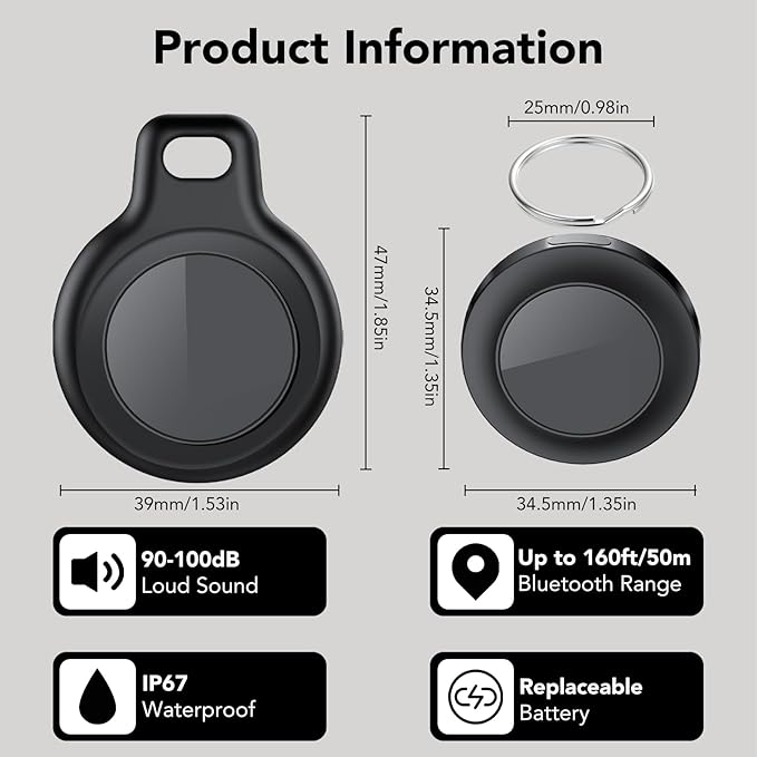 Air Tracker 4 Pack, Smart Bluetooth Tracker for Apple Find My (iOS Only), IP67 Waterproof Tracker with Keychain, Item Finder and GPS Finder for Keys, Luggage, Wallet, etc, Replaceable Battery