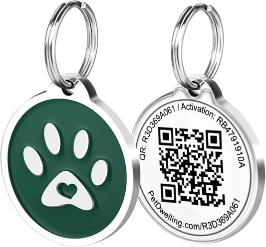 Pet Dwelling QR Pet Tag – Easy Scan Instant Location Alerts, Online Pet Profile with AI Feature for Dogs & Cats (Green Paw)