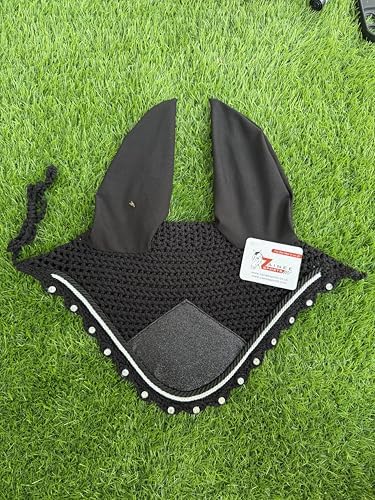 Horse Ear Bonnet for Horses – Handmade Crochet Fly Veil with Crystal Stones, Glitter Patch, Breathable Stretch Ears, Horse Fly Bonnet Ear Bonnet for Riding