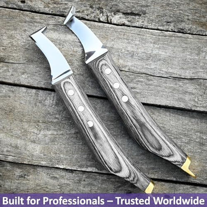 Premium Farrier Loop & Hoof Knife with Brass End – Professional Hoof Trimming Tool for Horses, Cows & Livestock, Stainless Steel Blade, Ergonomic Wood Handle (Black)