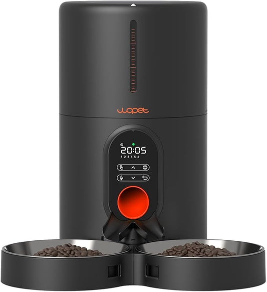 WOPET Automatic Cat Feeders 2 Cats-Timed Cat Feeder with Stainless Steel Bowl, Programmable 1-6 Meals Control, Dual Power Supply Auto Pet Feeder for Cats and Dogs