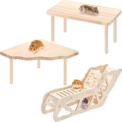 3-Piece Set Hamster Platform Play Wooden for Dwarf Syrian Hamsters Gerbils Mice or Other Small Pets