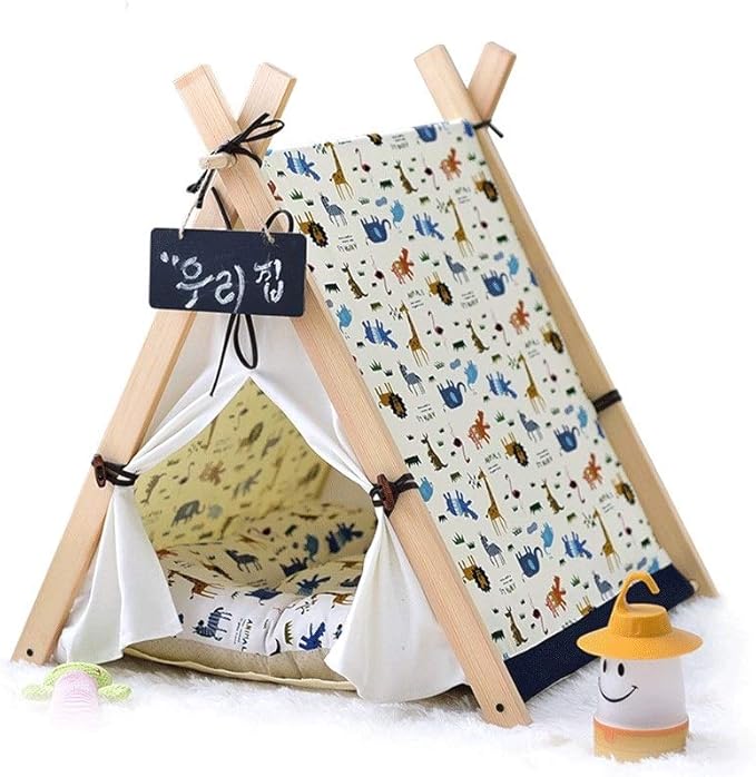Pet beds, Pet Bed Tent Wooden Dog House Pet Bed Cat Bed Yurt Washable Kennel Cat Litter Small(80x80x90cm)