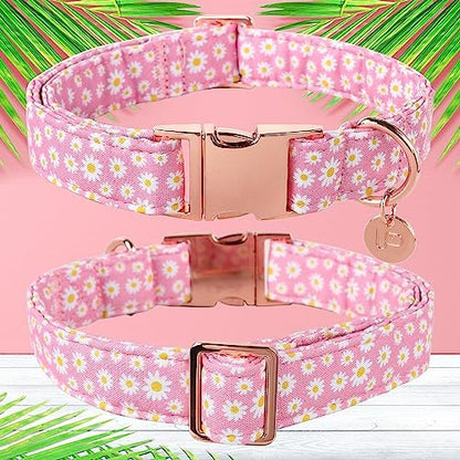 Daisy Summer Cotton Dog Collar with Metal Buckle Gift Pink Collar for Small Medium Large Girls or Boys Dogs Cute Durable Comfortable Pet Collars