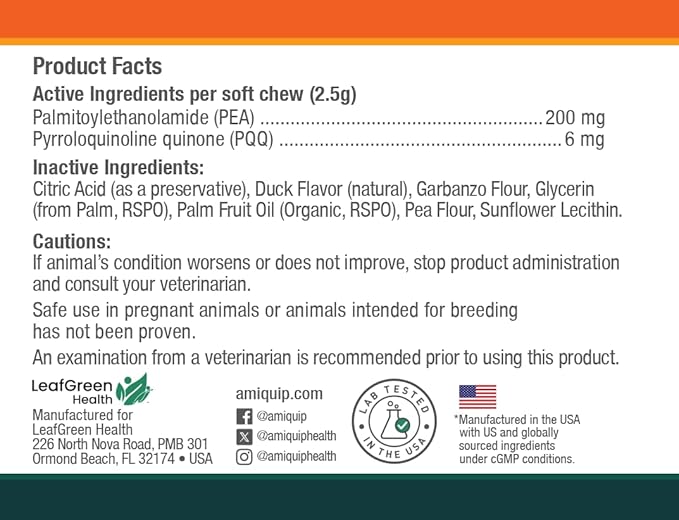 Amiquip Senior Dog Supplement – Joint Support, Cellular Vitality & Longevity for Healthy Aging – 90-Day Soft Chews with PQQ + Palmitoylethanolamide