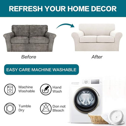 Turquoize 3 Piece Sofa Covers for 2 Cushion Couch Loveseat Slipcover Soft Couch Cover for Dogs-Washable Sofa Furniture Cover with 2 Individual Cushion Covers, Thick Jacquard Fabric (Loveseat, Ivory)