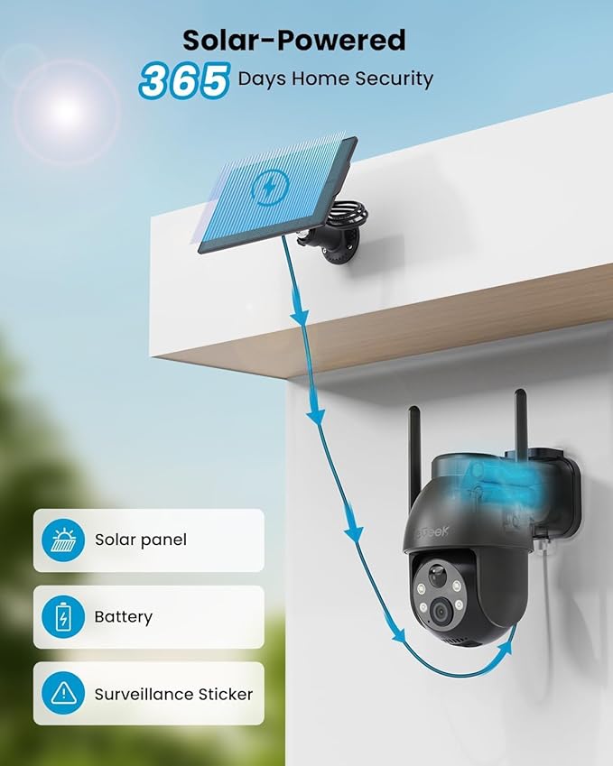 ieGeek Solar Camera Outdoor Wireless, 2K WiFi Cameras for Home Security System, Battery Powered Surveillance Cam with 360°PTZ Color Night Vision, PIR Motion Sensor, Compatible with Alexa (2 Pack)
