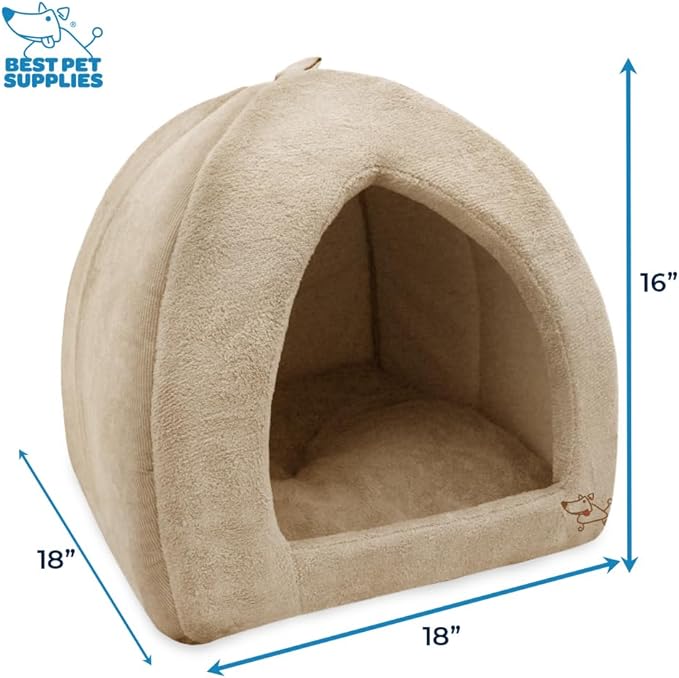 Best Pet Supplies Cat Bed for Indoor Cat, Domed Tent House with Removable Pillow, Covered Cat Cave for Small Dog, Puppies and All Breeds of Cats - Tan, 18 x 18 x H:16"